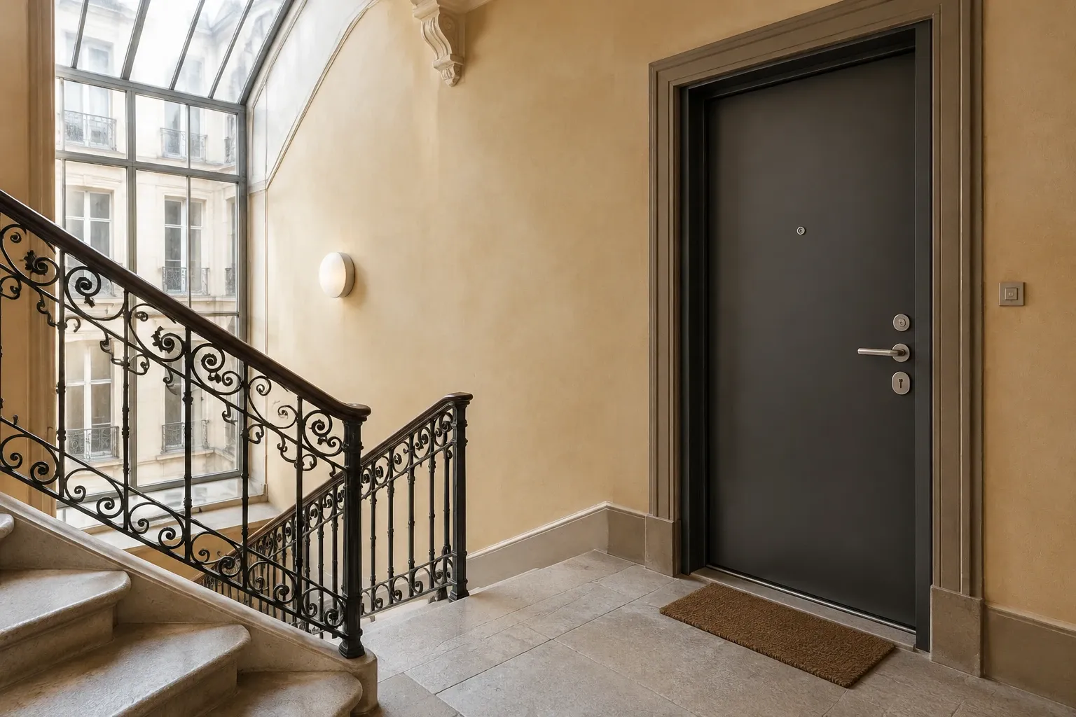 Technicien installant une porte blindée noire tandis qu'une cliente observe, vue sur Lyon